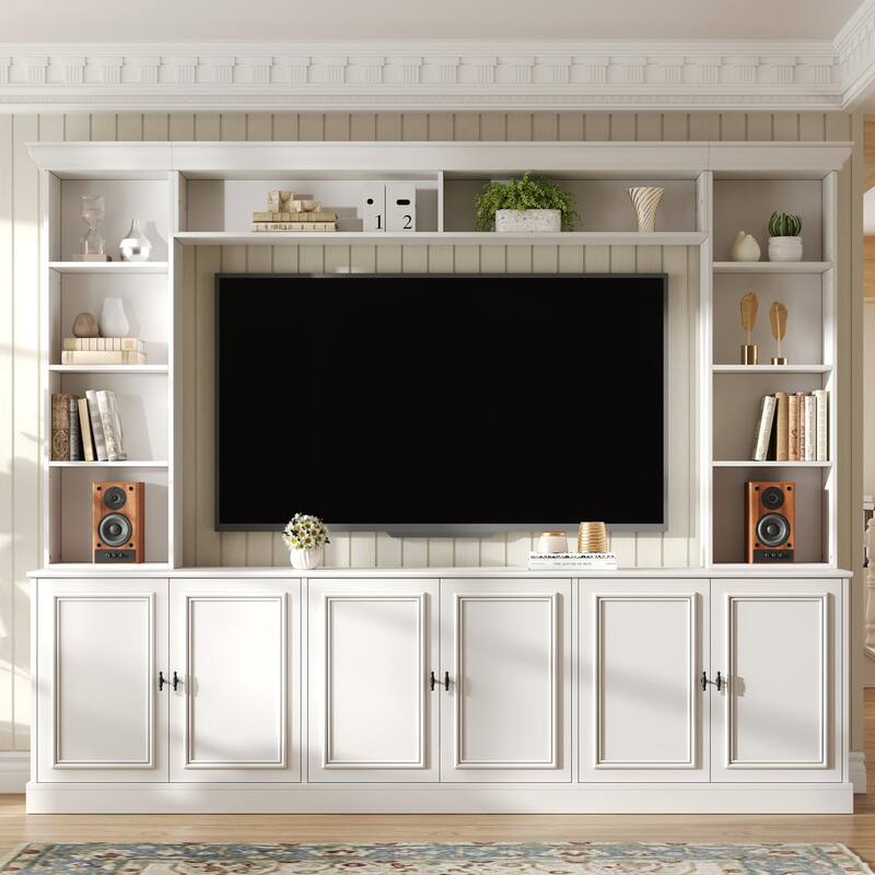 4-Piece Wall Unit Entertainment Center with Bookshelf for TVs Up to 70", Mid-Century Modern 97.4" TV Stand with Adjustable Shelf