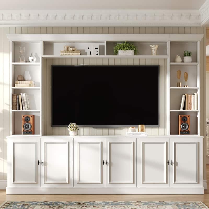 97.4"W Mid-Century TV Stand with Bookshelves, Adjustable Shelf & Bridge - Entertainment Center for TVs Up to 70" - White