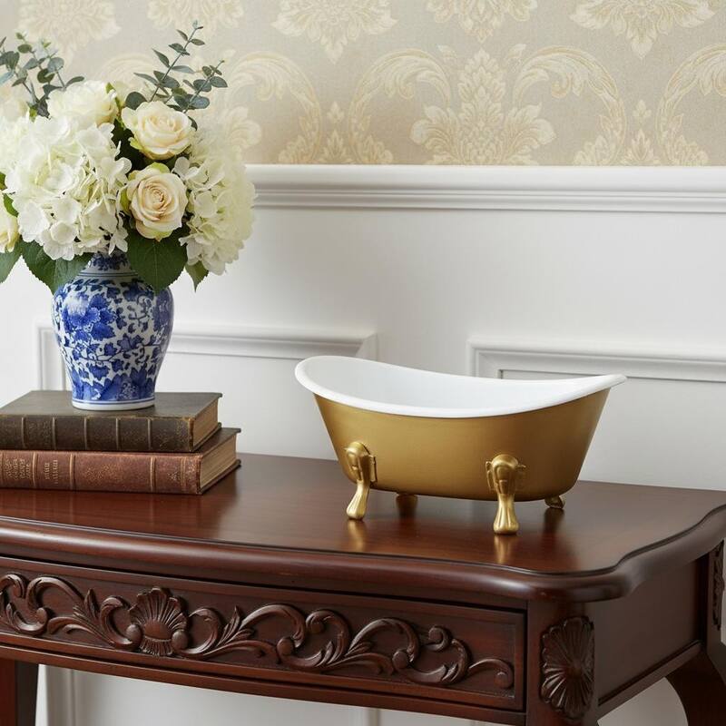 HomeRoots 7" Gold And White Metal Hand Painted Decorative Tub - 7.00 in. x 3.25 in. x 4.00 in. - Gold