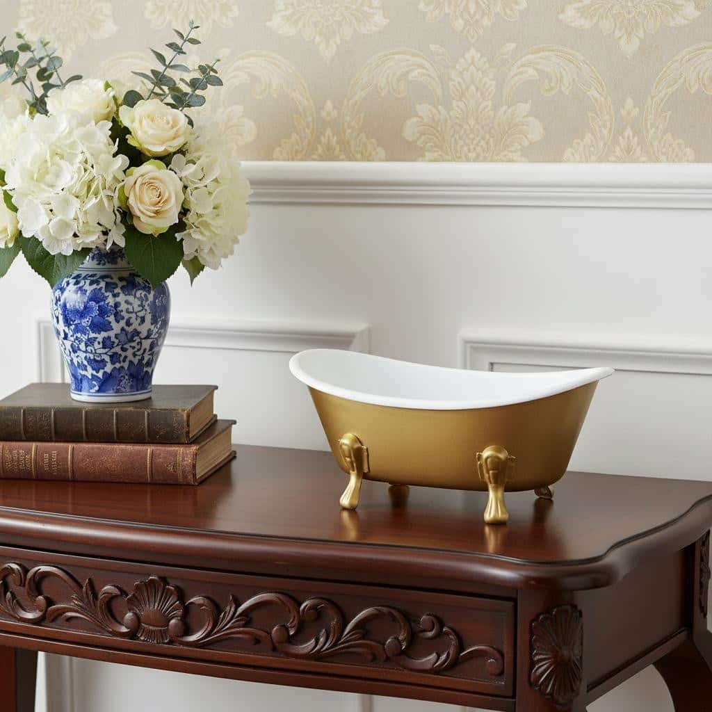 HomeRoots 7" Gold And White Metal Hand Painted Decorative Tub - 7.00 in. x 3.25 in. x 4.00 in.