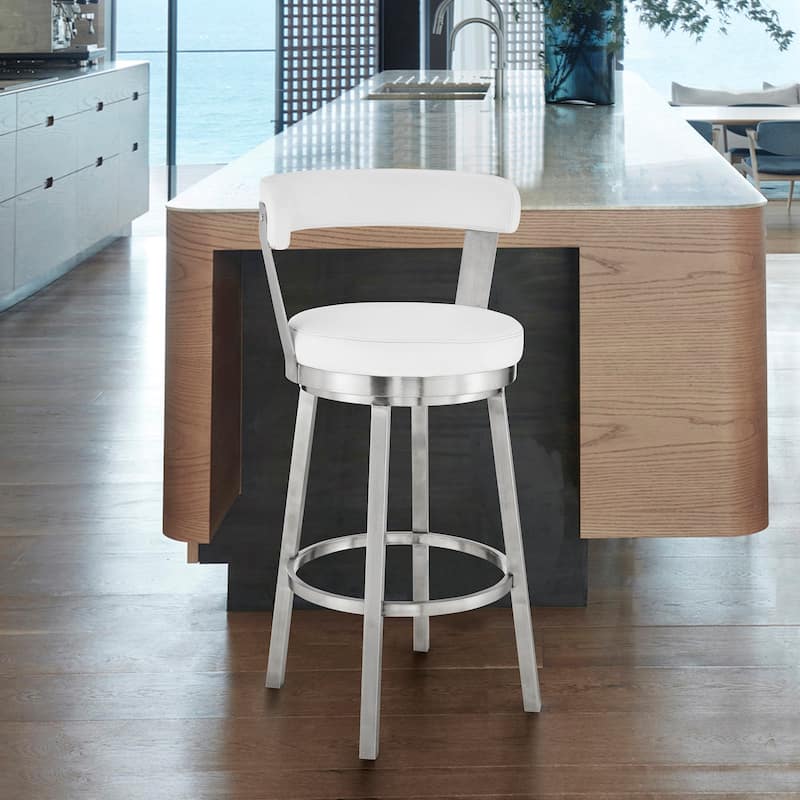 Bryant Counter or Bar Stool in Faux Leather and Metal - White and Brushed Stainless Steel - Bar Height