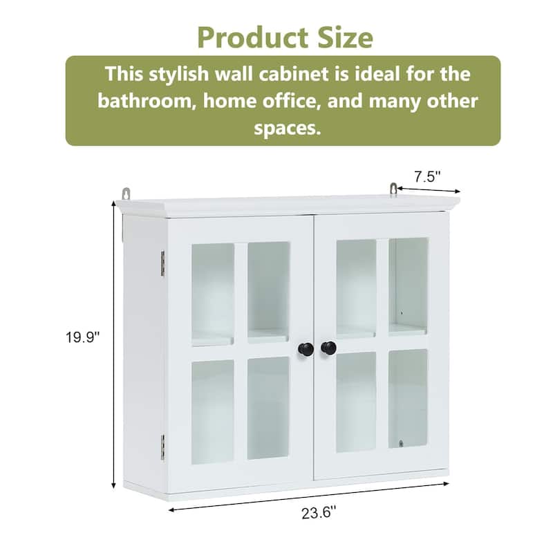 White MDF Wood Glass Pane Bathroom Wall Cabinet - 19.9" H x 23.6" W x 7.5" D