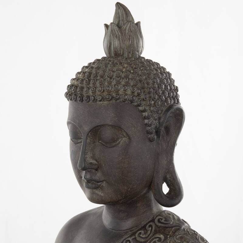 Brown Polystone Meditating Buddha Decorative Sculpture with Engraved Carvings and Relief Detailing