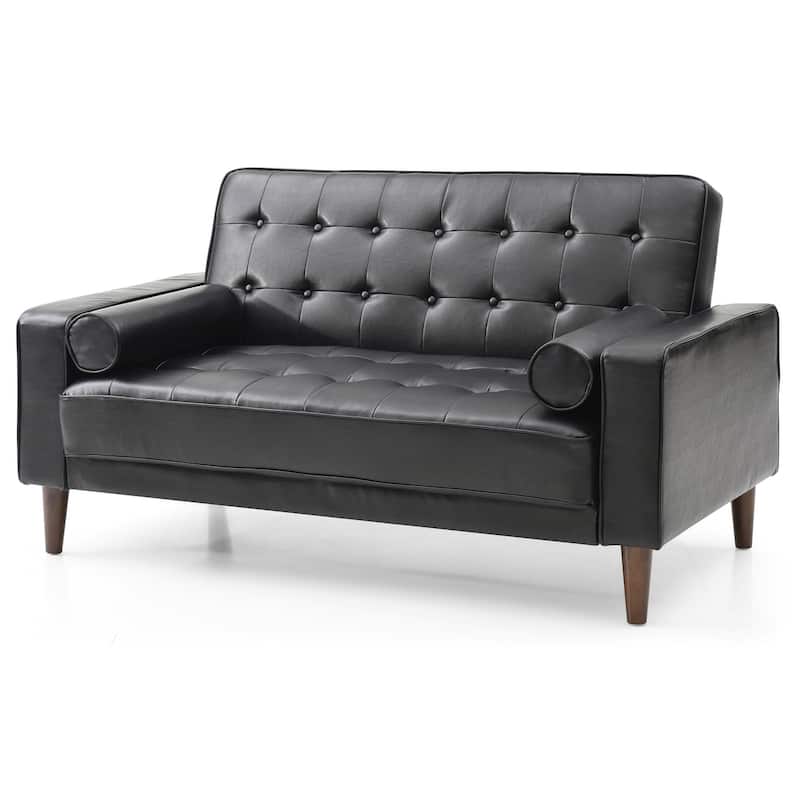 Flared Arm Faux Leather Tufted Straight Sofa with Bolster Pillows - 60" - Black