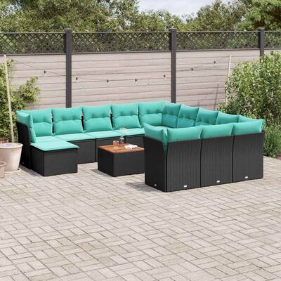 vidaXL 13 Piece Patio Sofa Set with Cushions Black Poly Rattan - 24.4 x 24.4 x 27.2