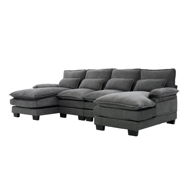 Symmetrical Chenille Upholstered Sectional Sofa U-shaped Cloud Couch with Double Chaise, Side Pockets and Double-layer Cushions