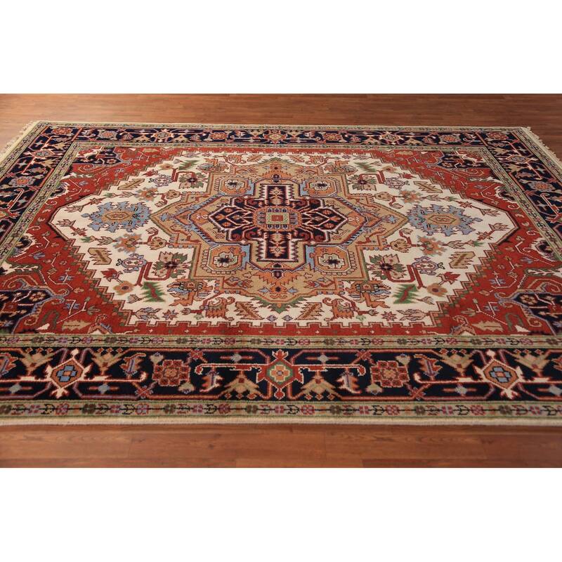 Geometric Ivory Heriz Serapi Indian Area Rug Handmade Wool Carpet - 7'9"x 10'2"