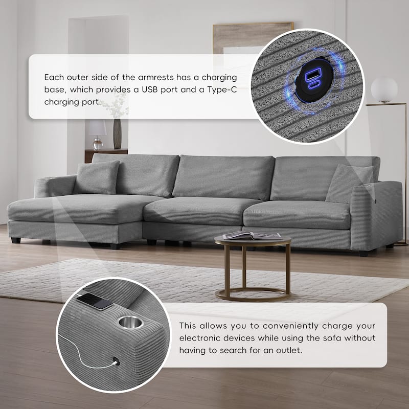 Oversized Corduroy Sectional Sofa,L-Shaped Cloud Couch with USB Charging Port,Cup Holder
