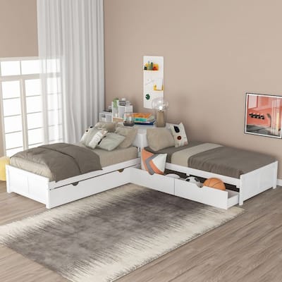 L-shaped Platform Bed with Trundle and Drawers Linked with built-in Desk