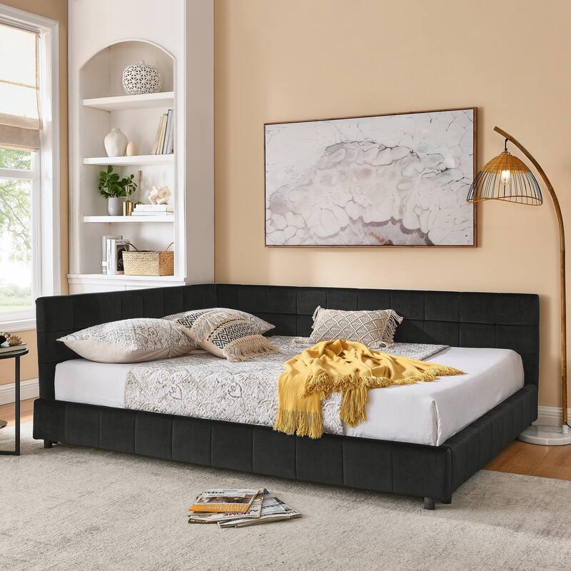 Roomfitters Queen Upholstered Tufted Sofa Bed Frame with Backrest and Armrests, Velvet Platform Bed - Black - Queen