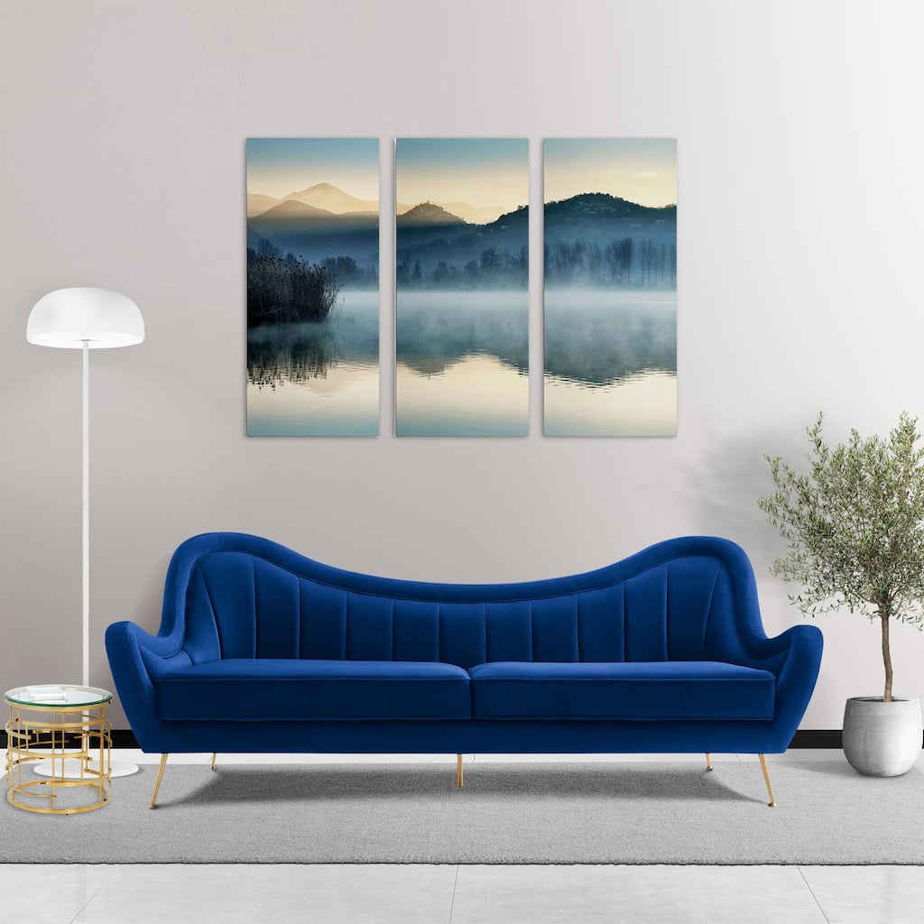 Tulsa Modern Blue Velvet Upholstered Sofa with Gold Metal Legs