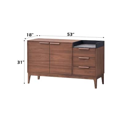 53" Mid Century Modern Server Cabinet with Adjustable Shelves & Felt-Lined Drawers, Walnut