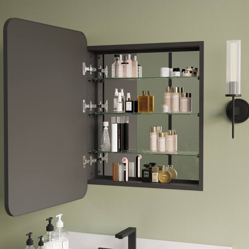 Recessed or Surface Wall Mount Bathroom Mirror Medicine Cabinet With Adjustable Glass Shelves
