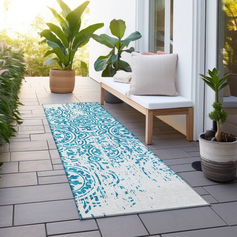 Machine Washable Indoor/ Outdoor Chantille Suzani Vintage Rug - Teal - 2'3" x 7'6"