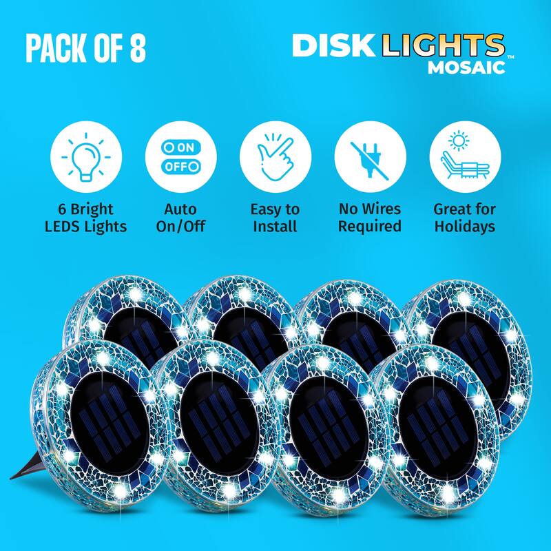Bell + Howell 6 LED Round Blue Mosaic Solar Powered Disk Lights - 8 Pack with Auto On/Off for Garden and Lawn