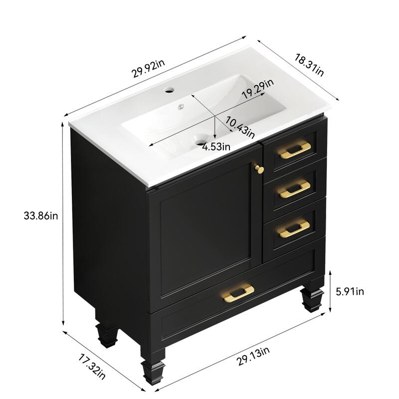 30" Bathroom Vanity Cabinet with Soft-Close Door & 3 Drawers, MDF Storage Vanity for Modern & Transitional Bathrooms