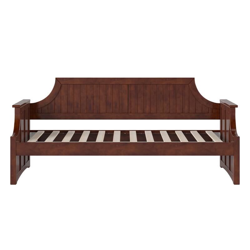 Twin Daybed with Wood Frame - Walnut Finish, Curved Backboard, Day Bed for Living Room or Guest Room
