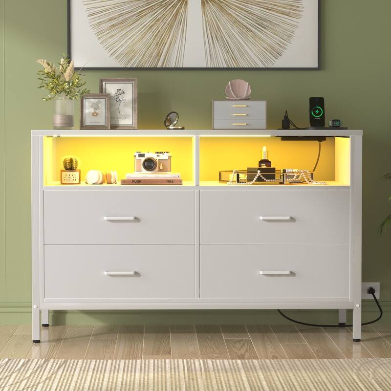 Chest of Drawers with LED Lights and Outlets,Wood Drawer Dresser for Clothes Storage - 4-drawer - White