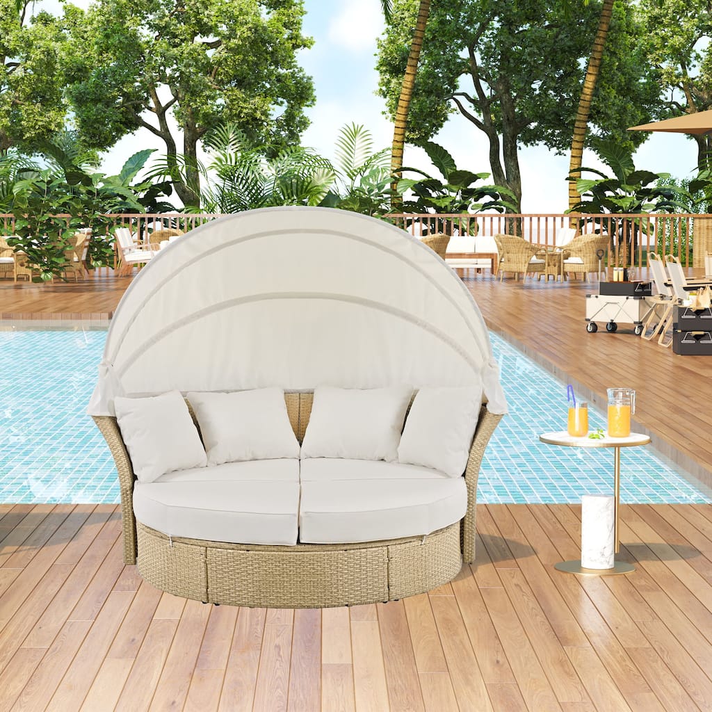 Beige Wicker Rattan Outdoor Patio Double Daybed with Retractable Canopy and 4 Pillows, Convertible Loveseat/Sofa Set