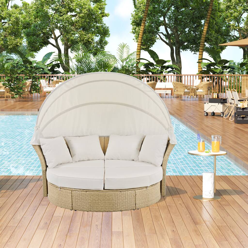Beige Wicker Rattan Outdoor Patio Double Daybed with Retractable Canopy