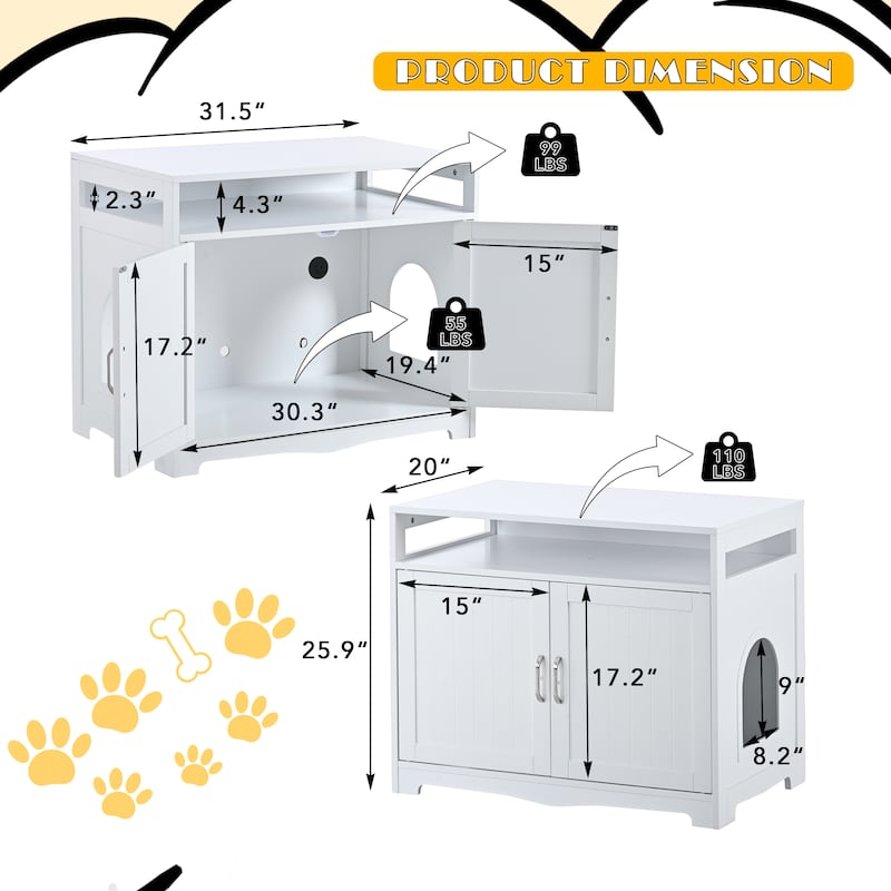 Cat Litter Box Enclosure with 2 Doors and Hidden Plug,White