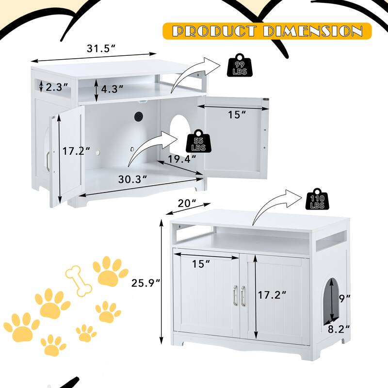 Indoor Cat Washroom Storage Bench Side Table Cat House, Large Wooden Enclused Litter Box House