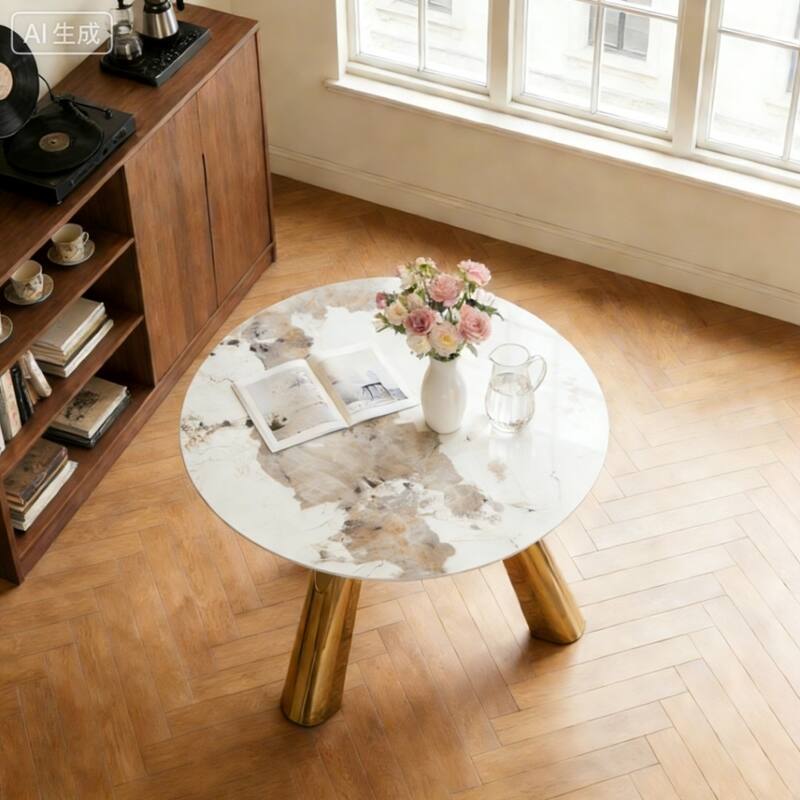 Round Dining Table, Kitchen Table with Stainless Steel Legs, Round Coffee Table Bistro Table for Dining Room