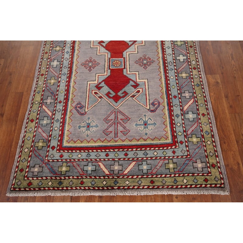 Grey Traditional Kazak Oriental Accent Rug Handmade Wool Carpet - 3'3" x 4'10"