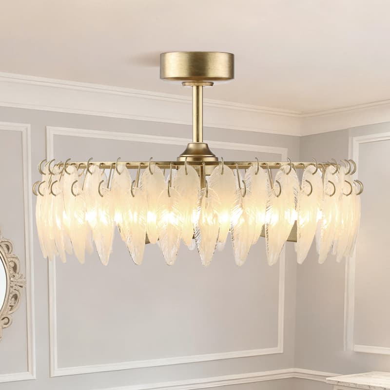 32" Rusted Silver Glass Feather 3-Blade Fandelier Caged Ceiling Fan with Light and Remote