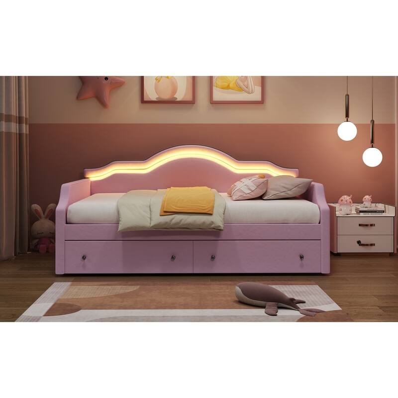 Pink Velvet Twin Upholstered Daybed with LED Lights and Storage Drawers