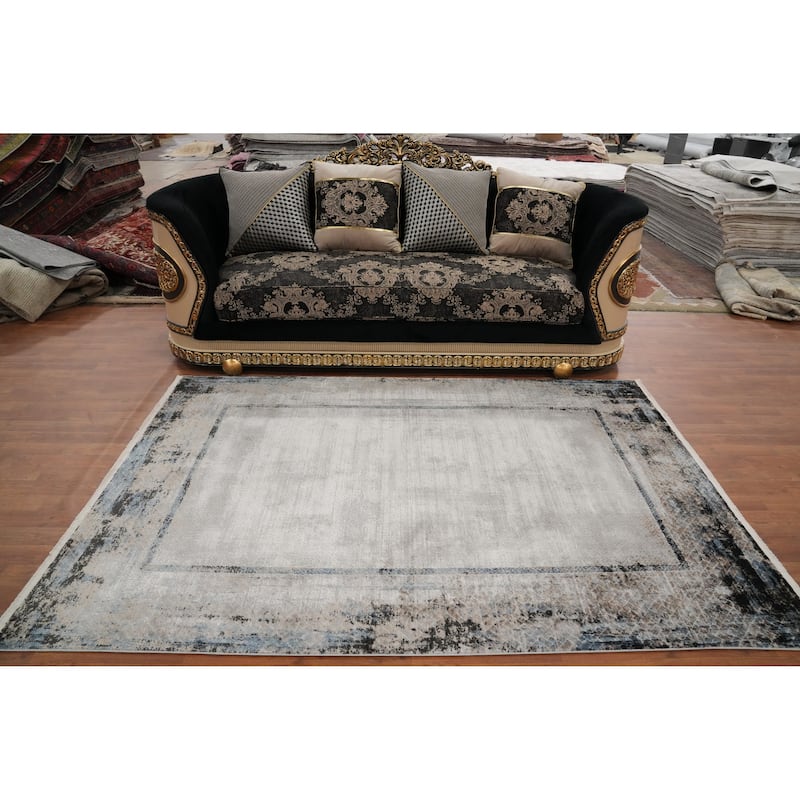 Machine Made Oriental Polyester Carpet Geometric Greys & Charcoal Distressed Area Rug - 7' 5'' X 5' 2''