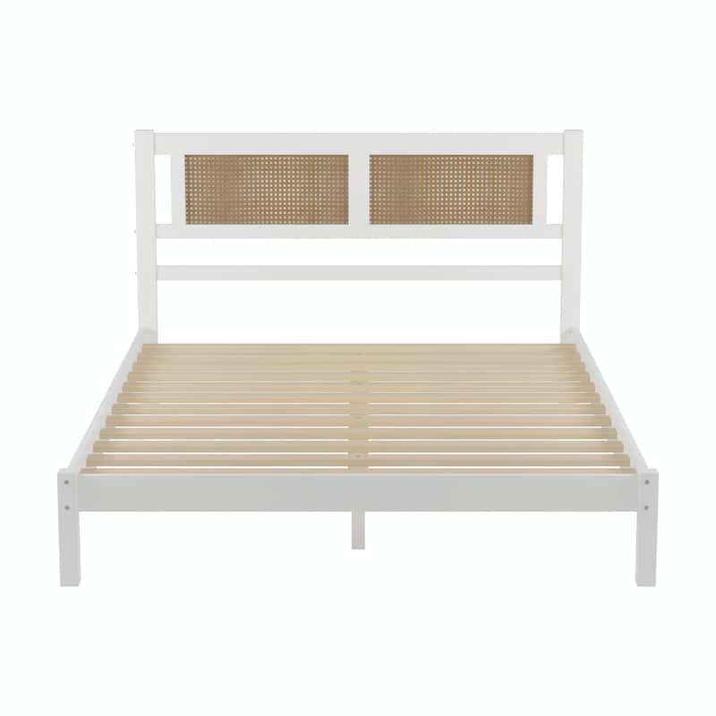 Wood Platform Bed with Natural Rattan Headboard, Elegant Minimalist Design
