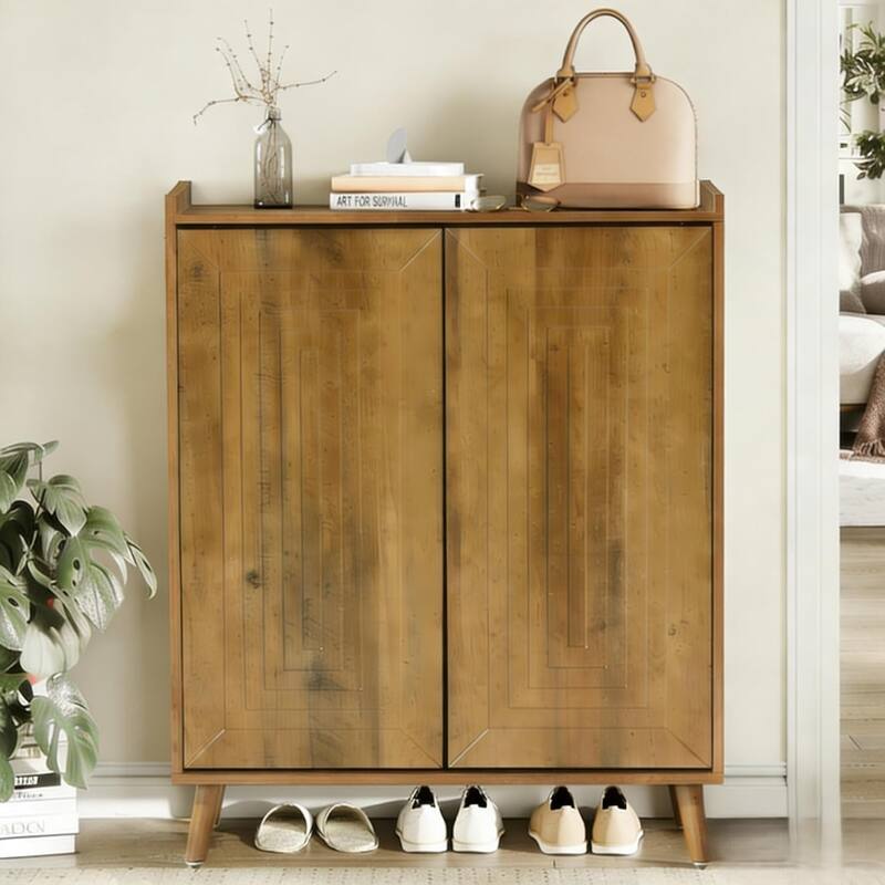 20 Pairs Shoe Cabinet with Doors, 5-Tier Shoes Rack with Adjustable Shelves - Brown