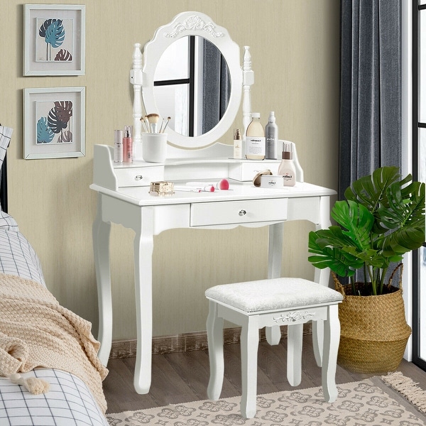 White amazing Makeup Dressing gift Table Oval Mirror & Stool 3 Drawers Bedroom 