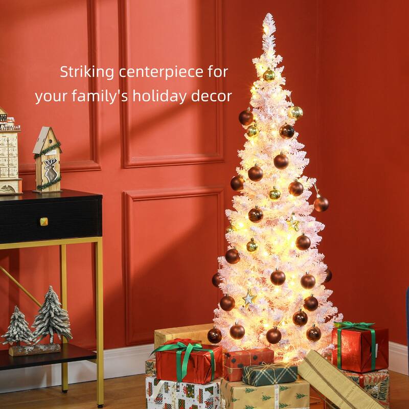 5ft Artificial Flocked Christmas Tree with Warm White LED Lights, Slim Design