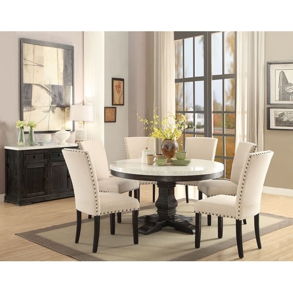 ACME Nolan Dining Table w/Pedestal in White Marble & Salvage Dark Oak ...