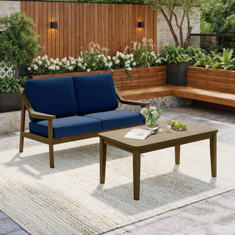 Outdoor Patio Wood Bistro Set/Loveseat Set - Brown/Navy - 2-piece