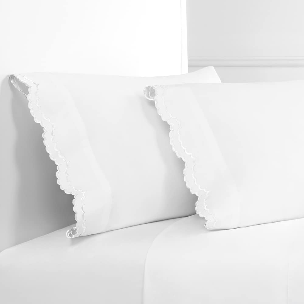 Percale Double Scalloped Embroidered Pillowcase and Sham Cover Set