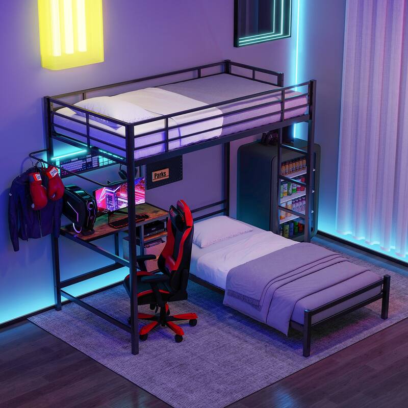 Bunk Bed, Twin Over Twin with L-Shaped Desk, Storage Shelves & Drawers, Safety Guardrail & Ladder, Ambient Lighting