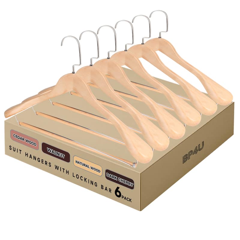 BP4U Premium Wide Shoulder Wooden Suit Hangers, Heavy-Duty Non-Slip Solid Wood Coat Hangers with Locking Bar - 6-Pack - Natural Wood