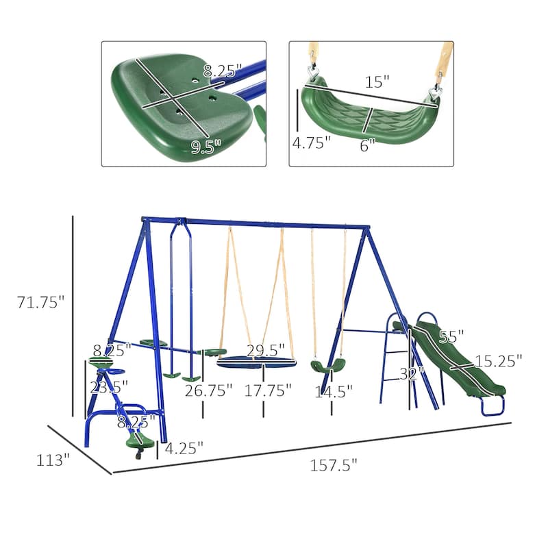 Outsunny 5-in-1 Kids Swing Set Backyard Playground Set, Metal Swing Set Kids Outdoor Playset Playground Equipment