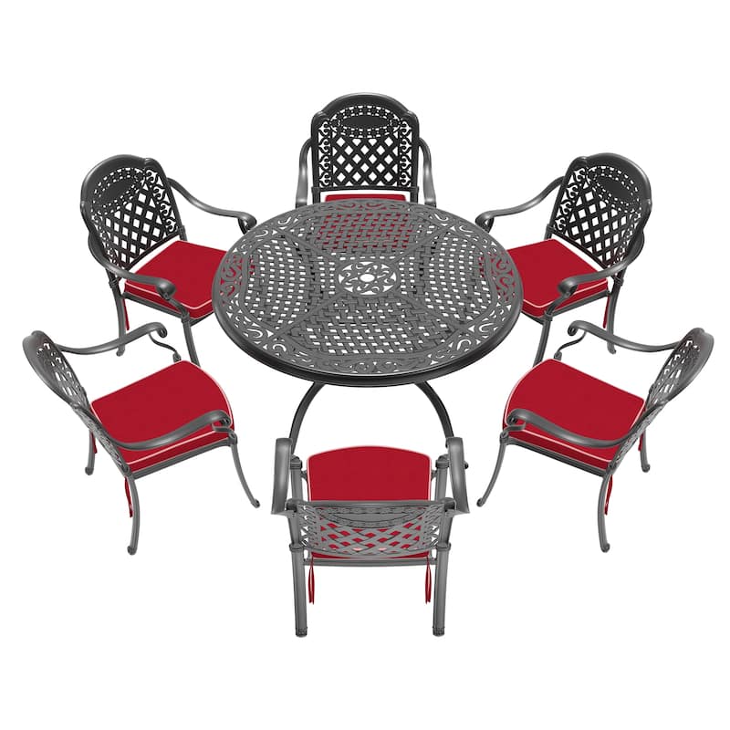 5/7-Piece Cast Aluminum Outdoor Dining Set with 48.03 in. Round Table and Random Color Cushions