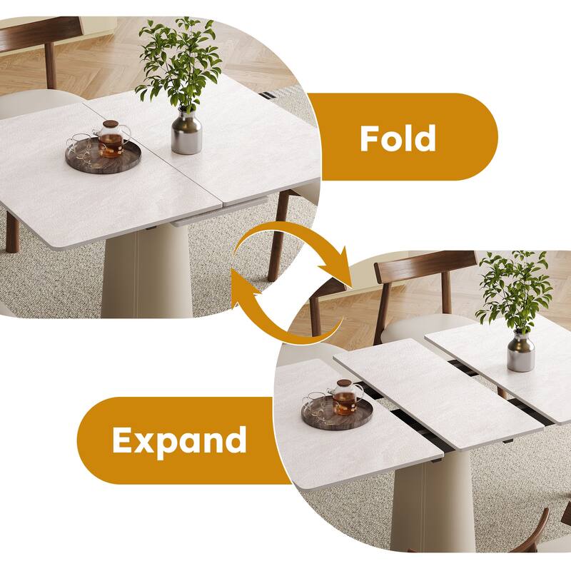 Retractable Rock Slab Folding Dining Table, Modern Square Expandable Table with Leather-Wrapped Stainless Steel Base - White