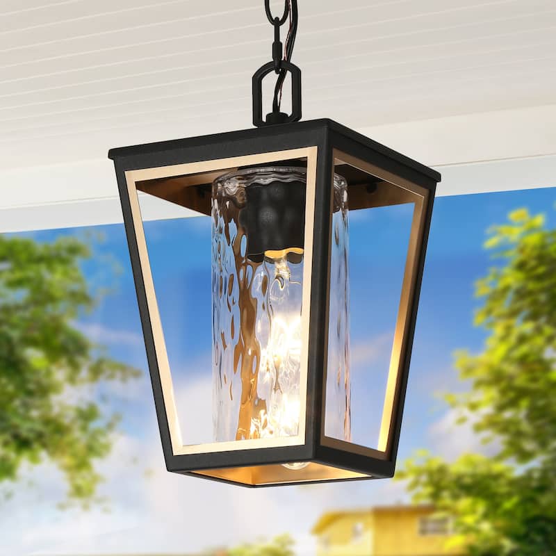 Anly Modern Farmhouse Black Gold 1-Light Outdoor Pendant Lights Patio Lantern Lamp - D7" x H12.2"