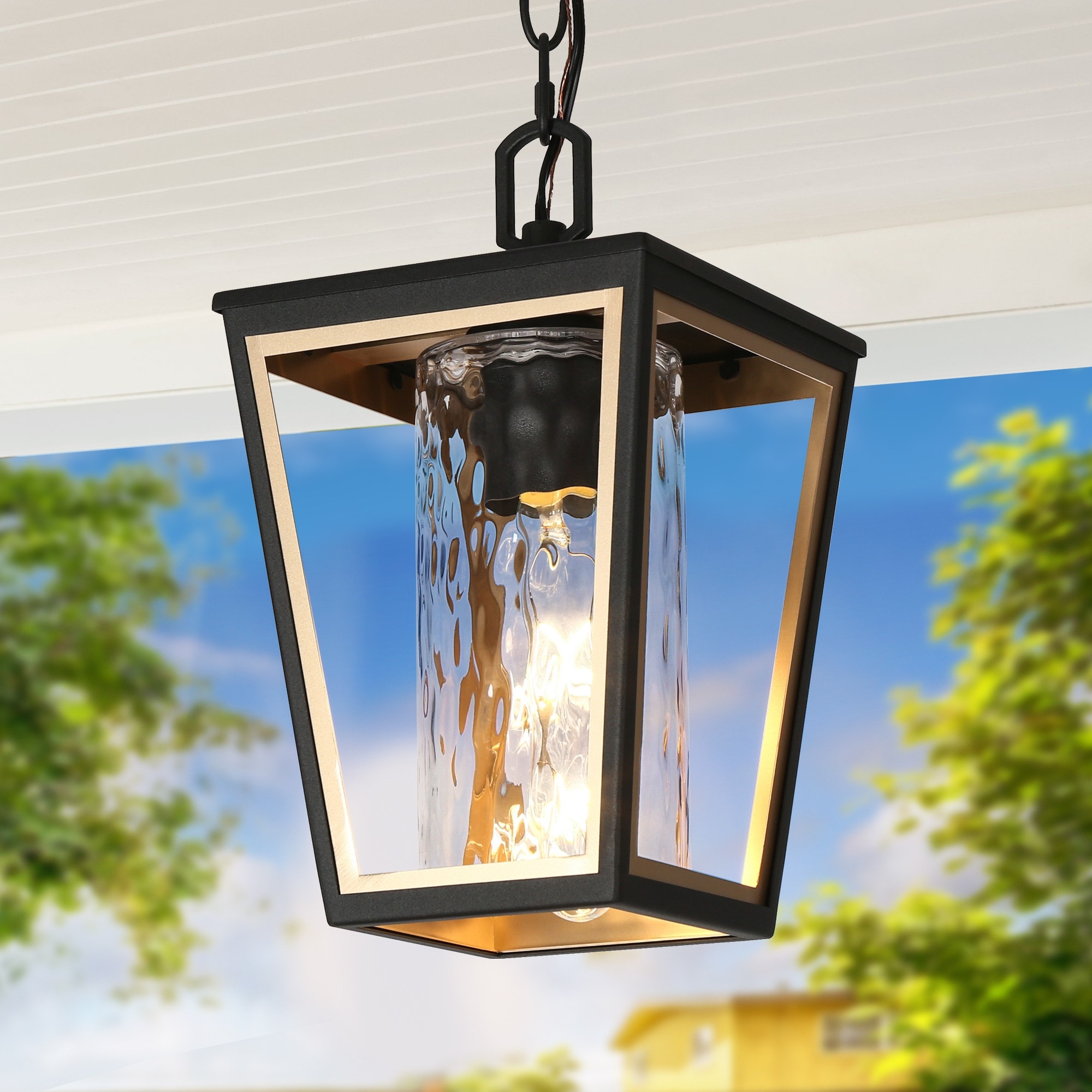 Modern Farmhouse Black Gold 1 Light Outdoor Pendant Lights Patio Lantern Lamp D7 H71.2 Max D7 H71.2 Max Black and Gold
