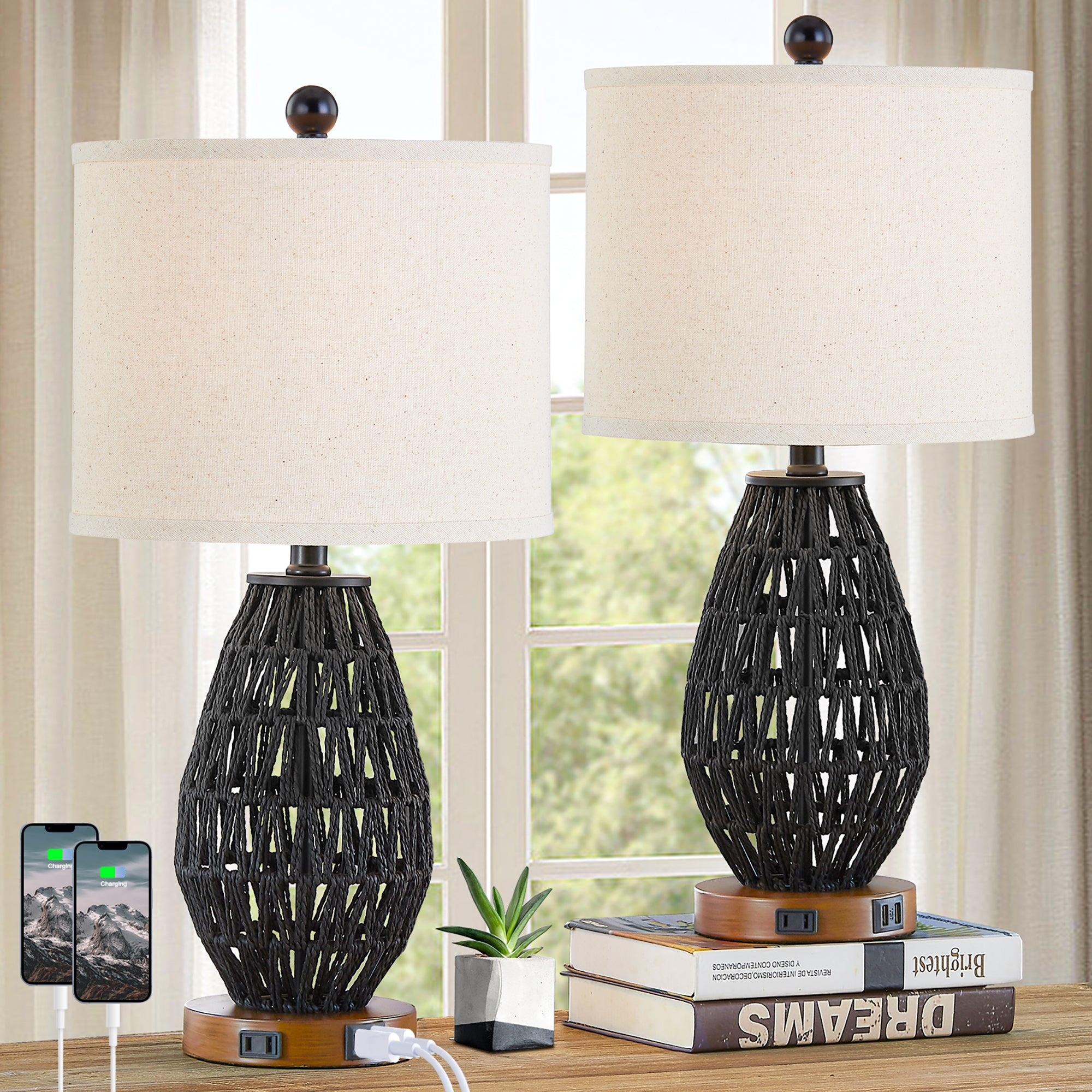 Cinkeda Black Rattan Table Lamps with 3-Way Touch Dimmer & USB Ports, Set of 2 - 11'' x 11'' x 22.8'' (L x W x H)