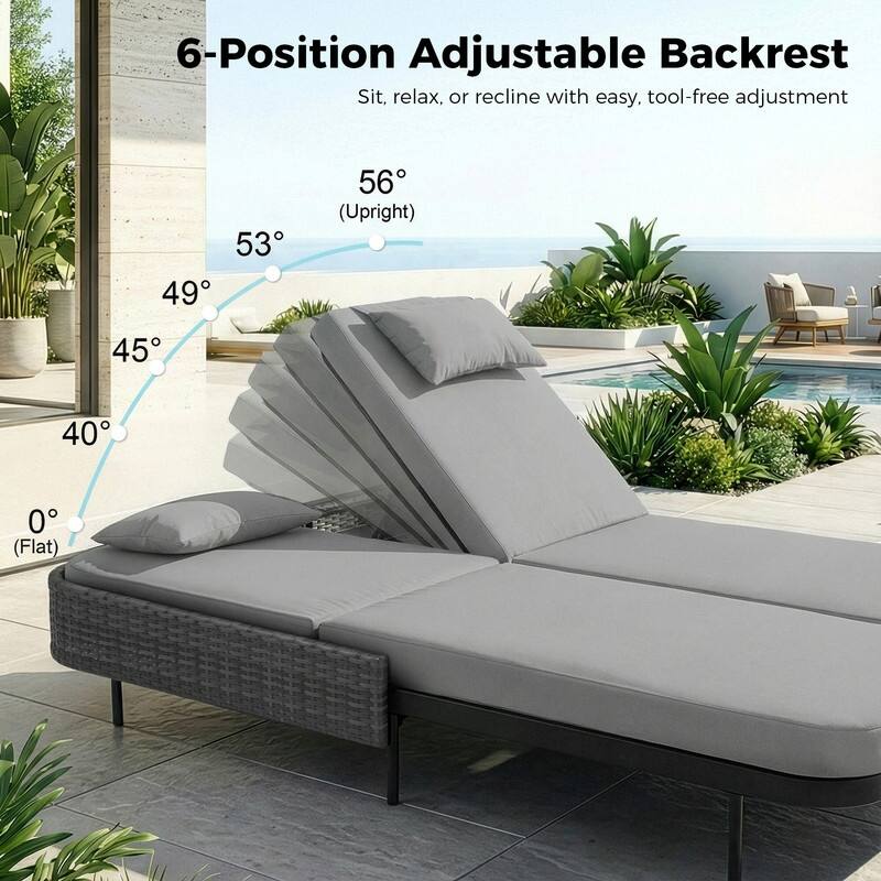 2-Person Outdoor Double Chaise Lounge, Wicker Patio Reclining Daybed with 6-Position Backrests, 4" Cushions, 800 lb Capacity