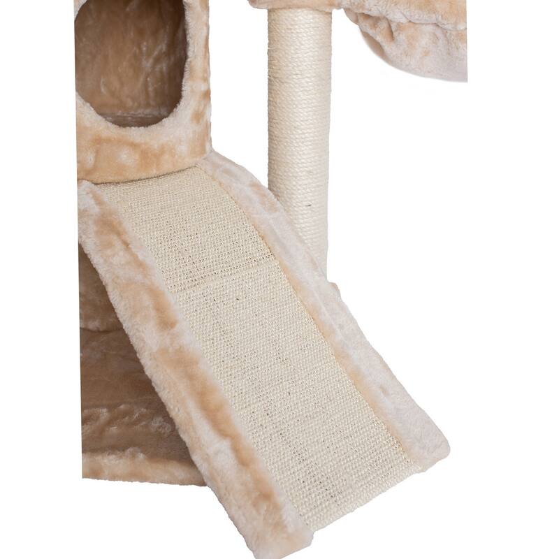 Thick Wood Cat Tower With Basket Lounge, Ramp, Beige