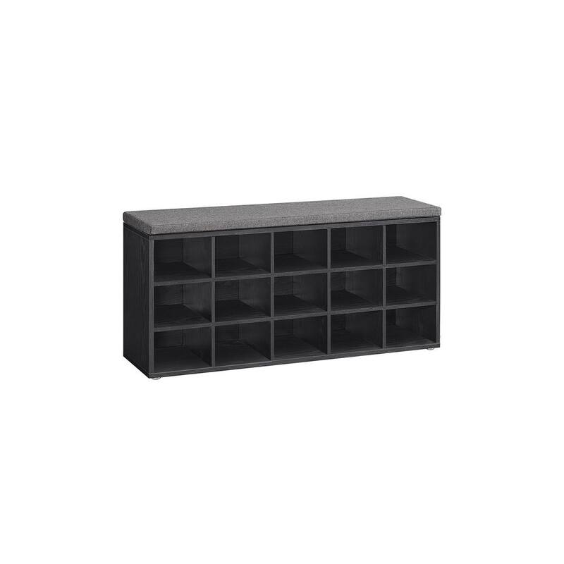 15-Cube Shoe Storage Bench with Cushion Seat and Adjustable Shelves Perfect for Entryway or Living Room - Ebony-Black-Slate-Grey