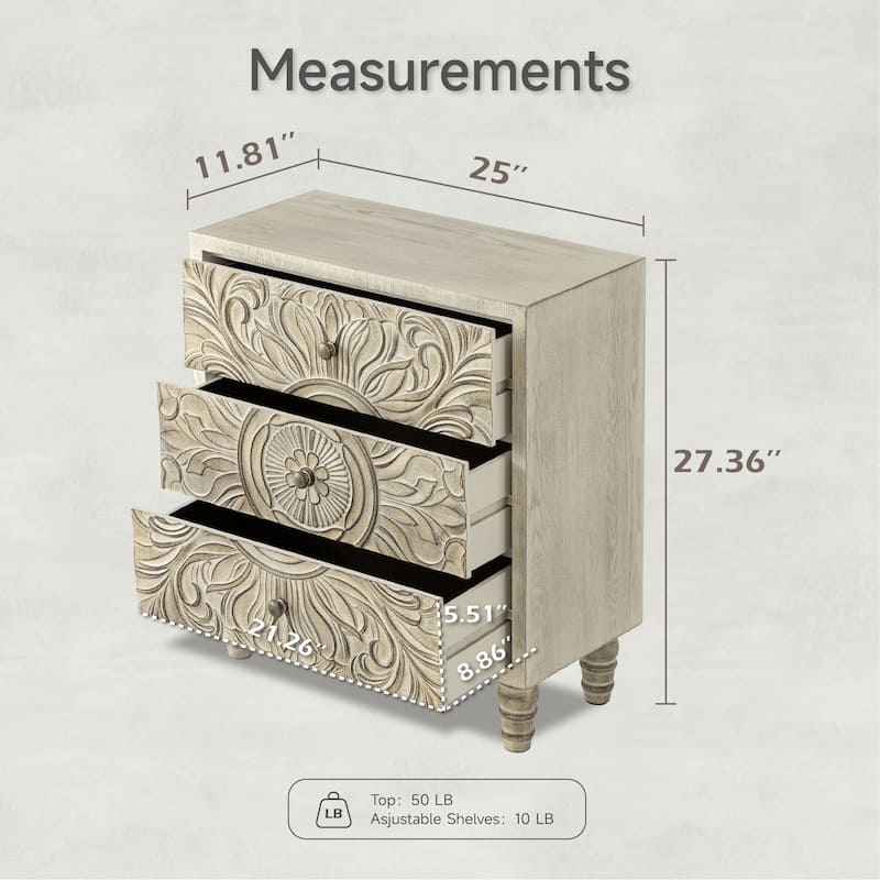 COZAYH Farmhouse 3 Drawer Nightstand with Craft Flower Motif Front, Distressed Boho Chest, French Country, Weathered White